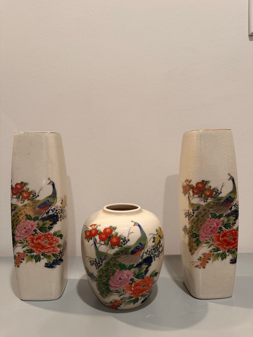 Vintage 3-Piece Japanese Crackle Glaze Vase Set Peacock & Peony 9.5" & 5.5"